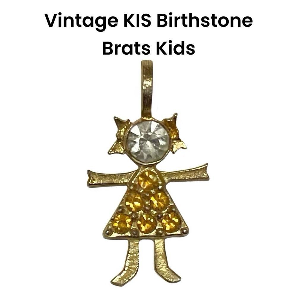 Vintage KIS Birthstone Brats Kids Yellow Rhinestones Gold Tone Metal CHARM
